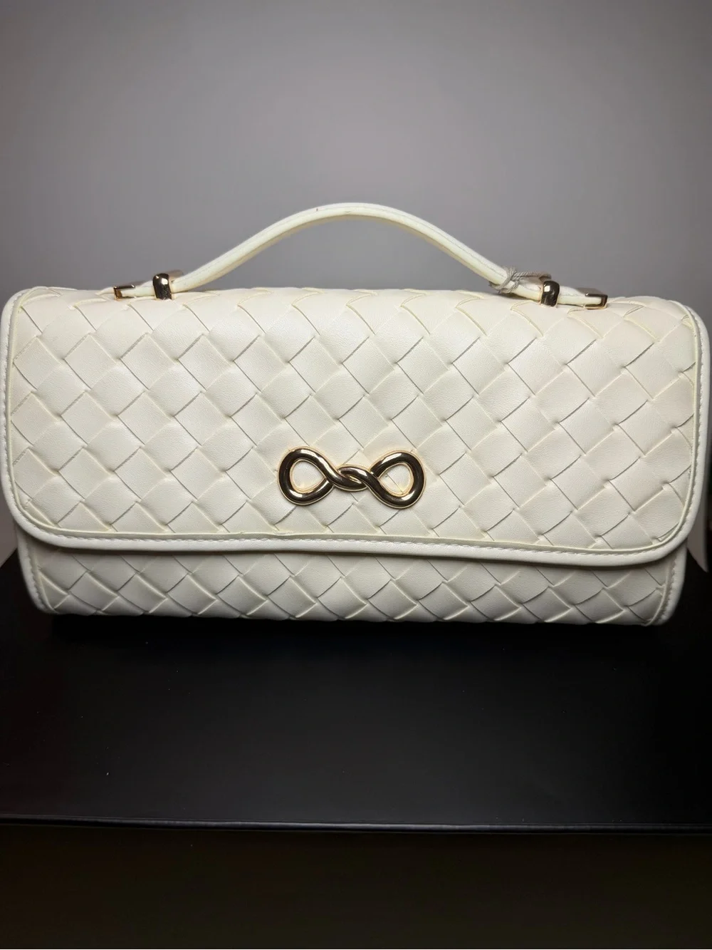 a new day Cream Woven Top-Handle Clutch with Gold Hardware
